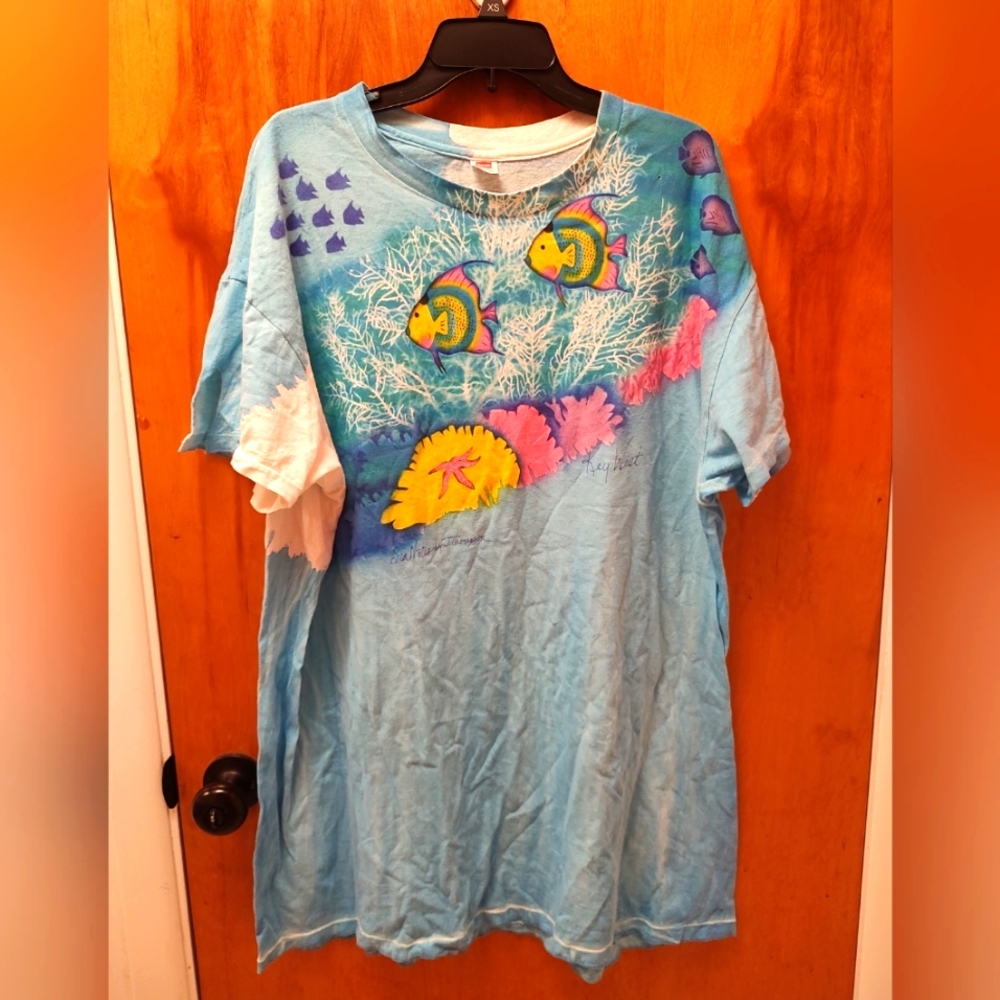 90s T-shirt Blue Artsy Tropical 3XLT